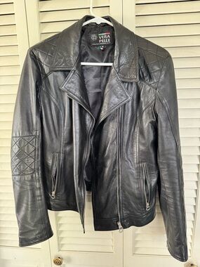 Vera Pelle Black Leather Jacket with Italian Flag Detail